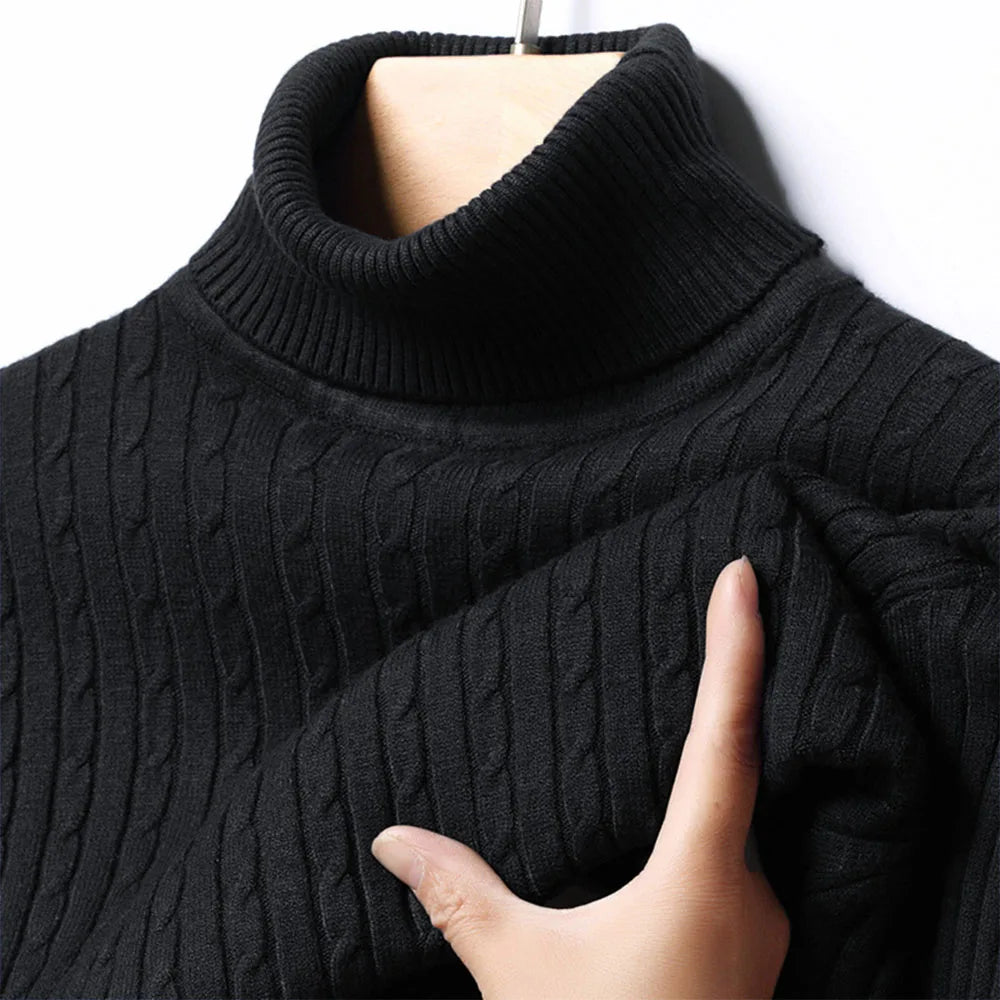 Autumn Winter Men's Turtleneck Sweater Warm Slim Fit Knitted Pullover Jacquard Striped Cozy Soft Knitwear Basic Style