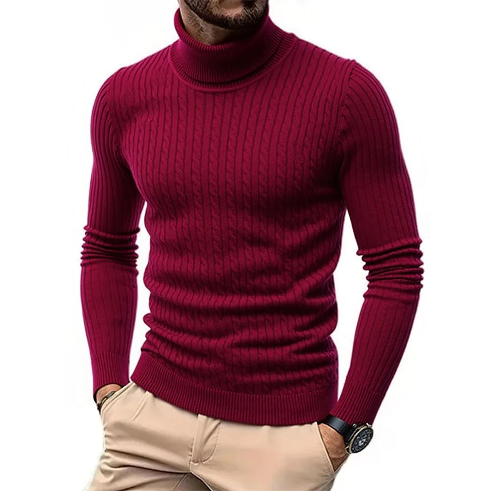 Autumn Winter Men's Turtleneck Sweater Warm Slim Fit Knitted Pullover Jacquard Striped Cozy Soft Knitwear Basic Style