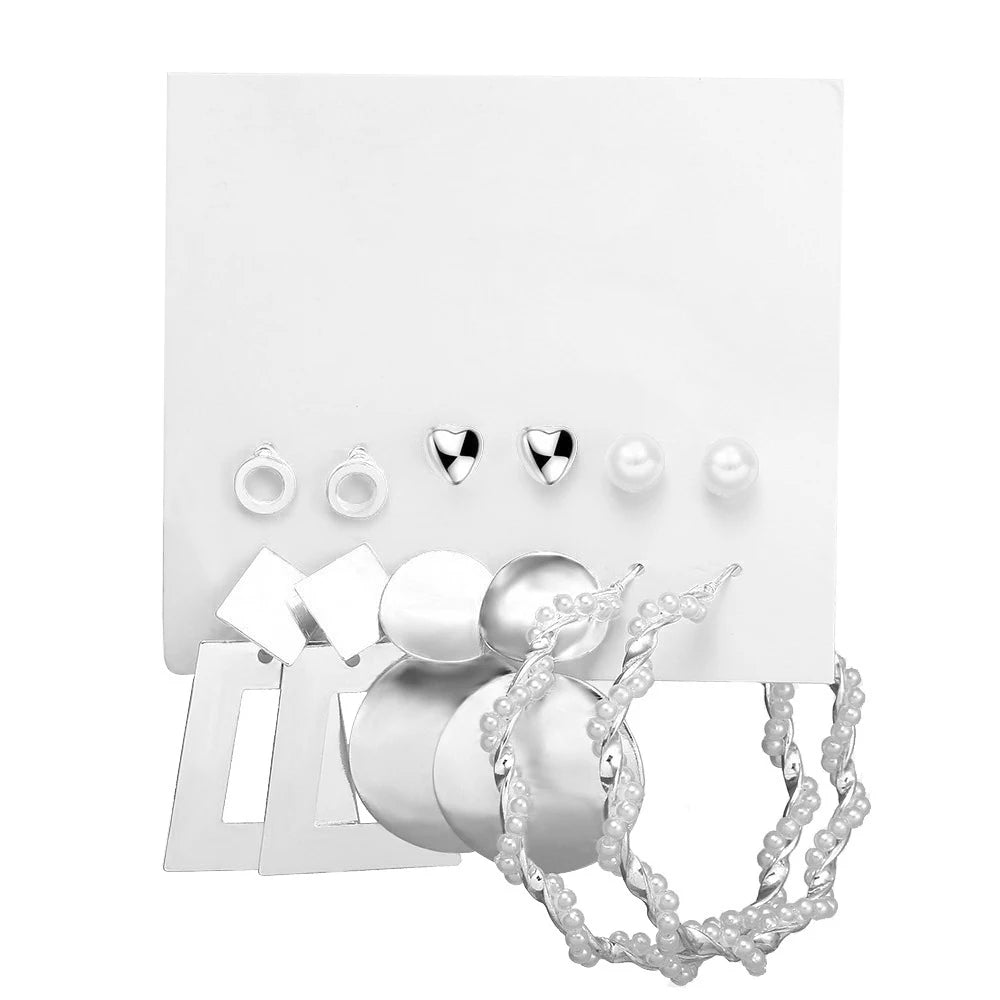 LATS Boho Big Circle Hoop Earring Set for Women Gold Color Bohemia Vintage Pearl Square Earring Heart Zircon Ear Studs Jewelry