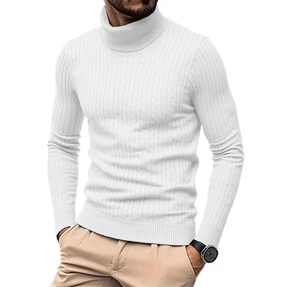 Autumn Winter Men's Turtleneck Sweater Warm Slim Fit Knitted Pullover Jacquard Striped Cozy Soft Knitwear Basic Style