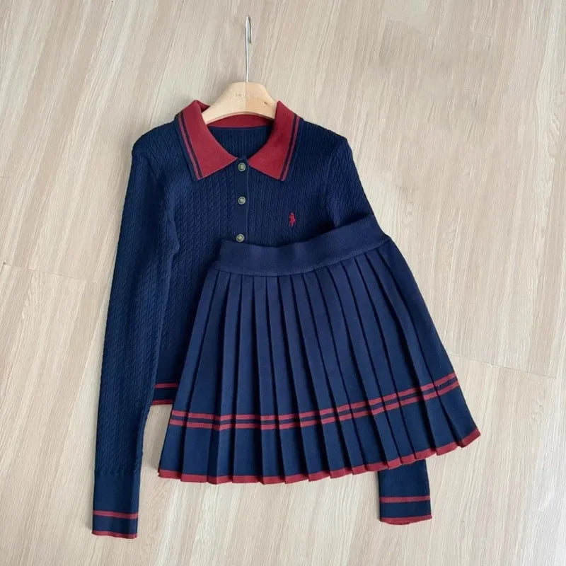 Autumn and Winter Korean Edition New Knitted Set Sweet College Style Knitted Sweater+pleated Skirt Fashion Two piece Set
