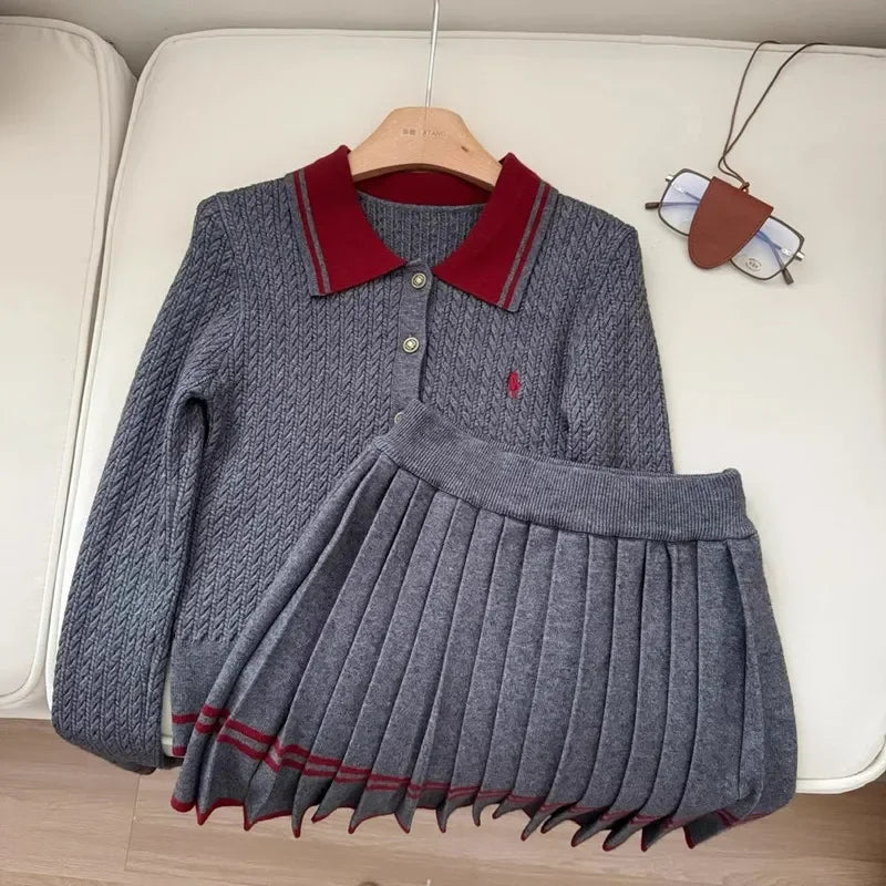 Autumn and Winter Korean Edition New Knitted Set Sweet College Style Knitted Sweater+pleated Skirt Fashion Two piece Set