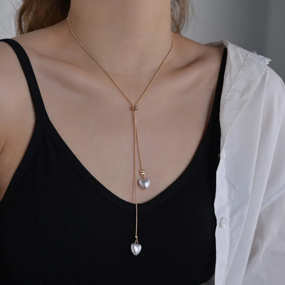 Fashion Silver Color Long Tassel Pull Pearl Pendant Necklaces for Women Simple Adjustable Clavicle Chain Choker Jewelry Gift