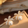 1par Micro Set Zircon Bow Pearl Pendant Earrings 2025 New Design Jewelry For Womens and Girls Fashion Ear Accessories