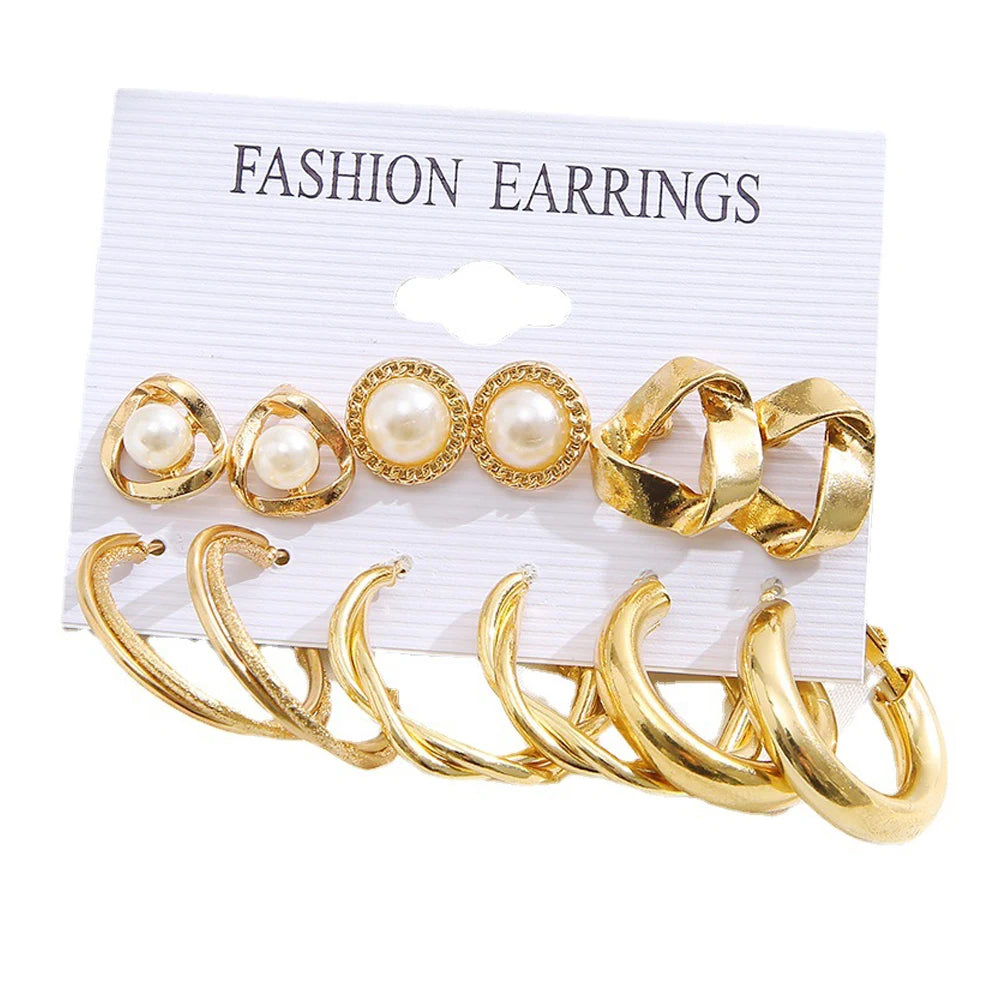 LATS Boho Big Circle Hoop Earring Set for Women Gold Color Bohemia Vintage Pearl Square Earring Heart Zircon Ear Studs Jewelry
