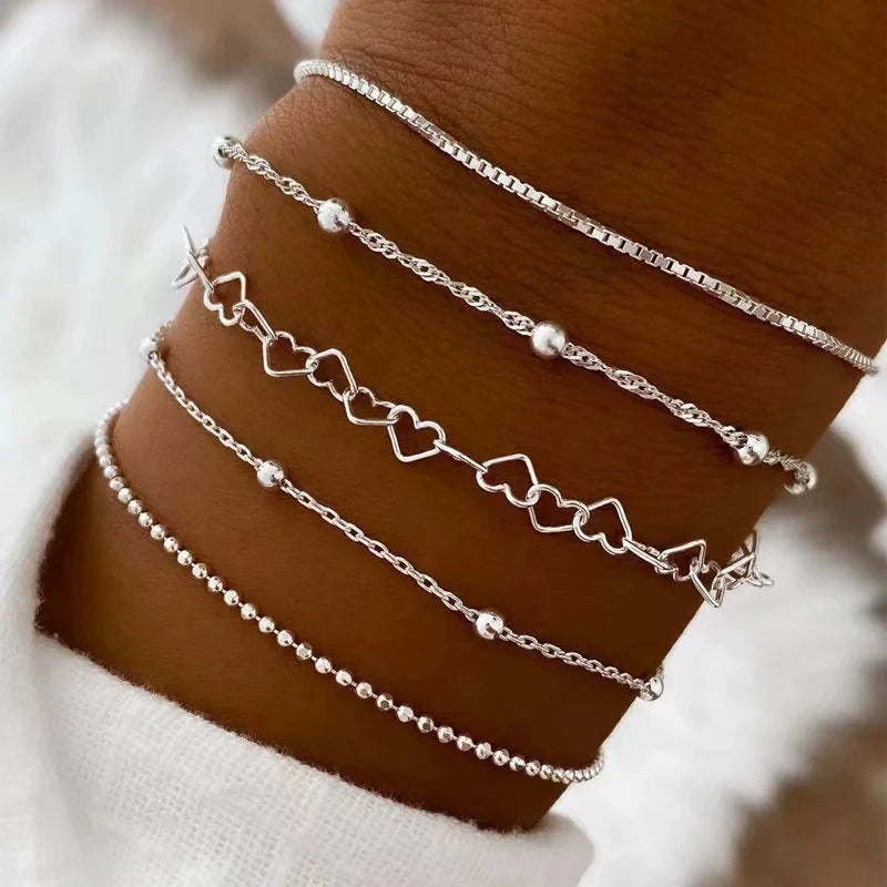 Minimalist 5-Piece Hollow Bead Bracelet With Fine Chain Set Women's Layered Necklace Combination Fashionable Daily Accessories