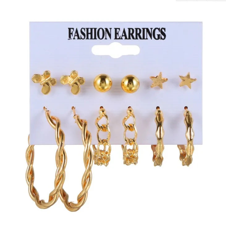 LATS Boho Big Circle Hoop Earring Set for Women Gold Color Bohemia Vintage Pearl Square Earring Heart Zircon Ear Studs Jewelry