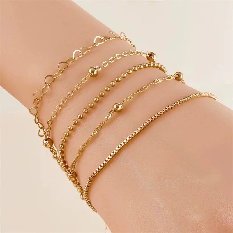 Minimalist 5-Piece Hollow Bead Bracelet With Fine Chain Set Women's Layered Necklace Combination Fashionable Daily Accessories