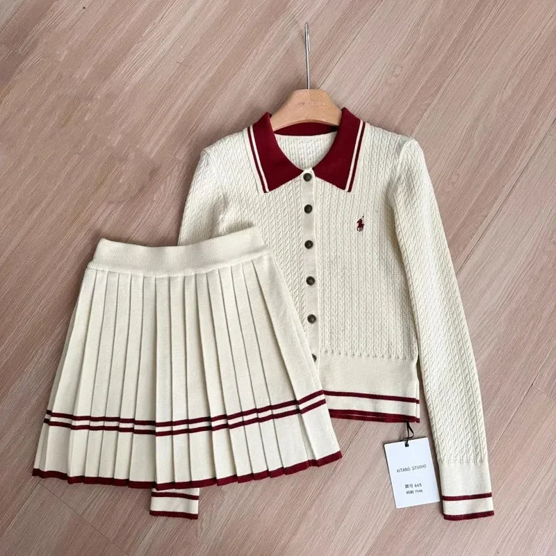 Autumn and Winter Korean Edition New Knitted Set Sweet College Style Knitted Sweater+pleated Skirt Fashion Two piece Set