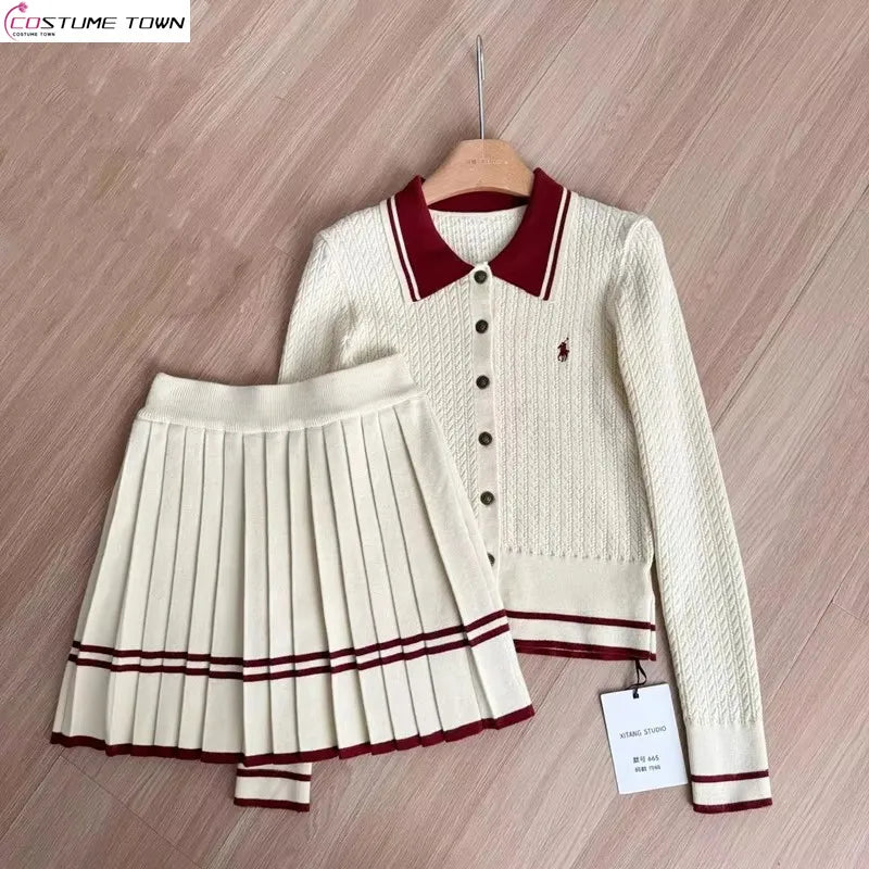 Autumn and Winter Korean Edition New Knitted Set Sweet College Style Knitted Sweater+pleated Skirt Fashion Two piece Set