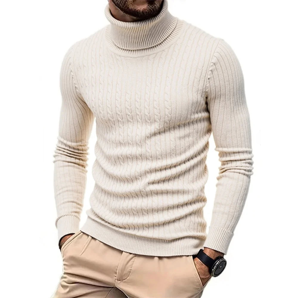 Autumn Winter Men's Turtleneck Sweater Warm Slim Fit Knitted Pullover Jacquard Striped Cozy Soft Knitwear Basic Style