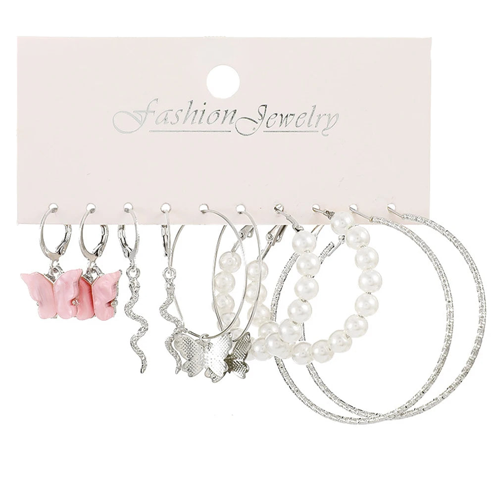 LATS Boho Big Circle Hoop Earring Set for Women Gold Color Bohemia Vintage Pearl Square Earring Heart Zircon Ear Studs Jewelry