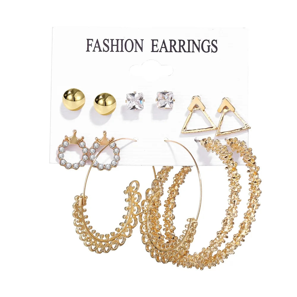 LATS Boho Big Circle Hoop Earring Set for Women Gold Color Bohemia Vintage Pearl Square Earring Heart Zircon Ear Studs Jewelry