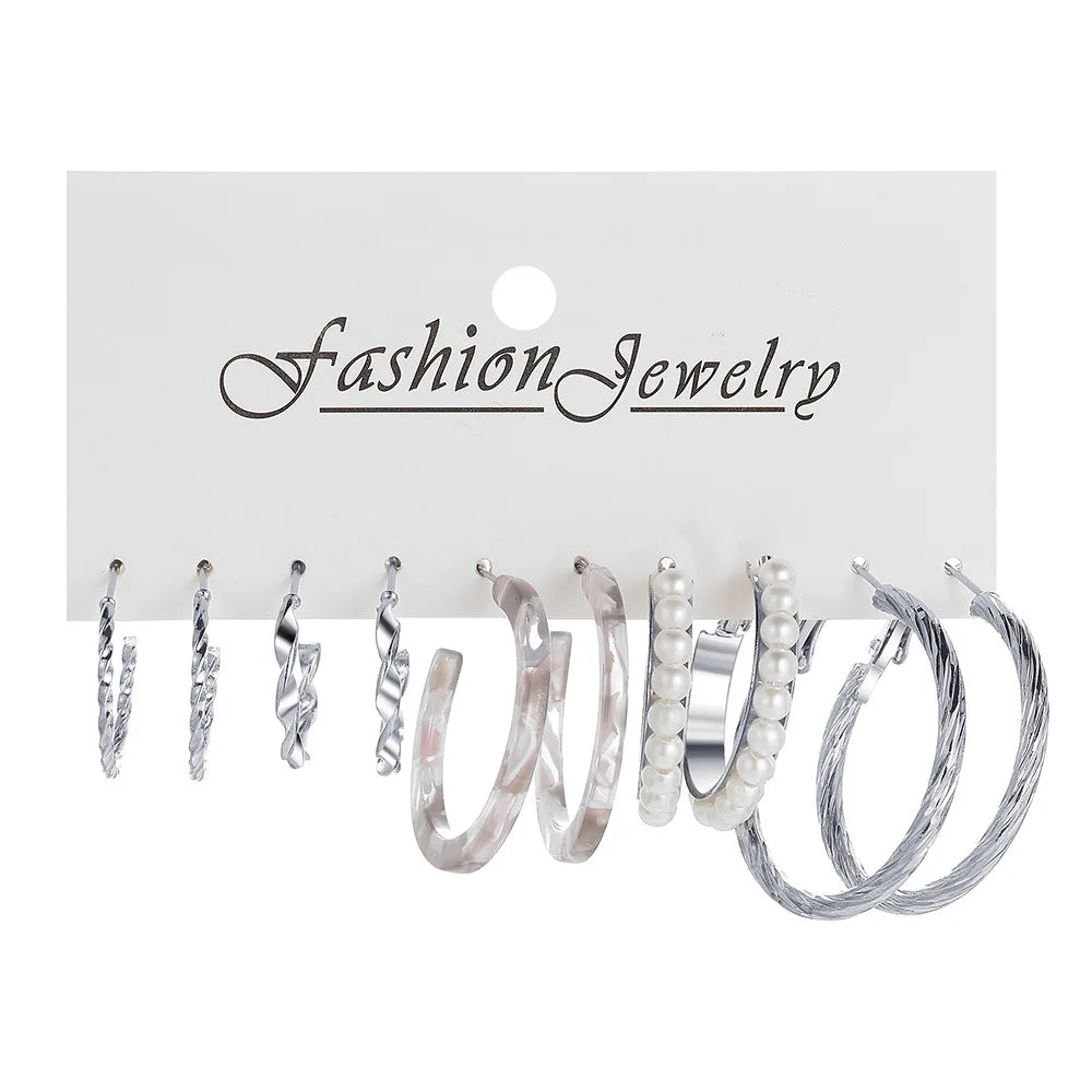 LATS Boho Big Circle Hoop Earring Set for Women Gold Color Bohemia Vintage Pearl Square Earring Heart Zircon Ear Studs Jewelry