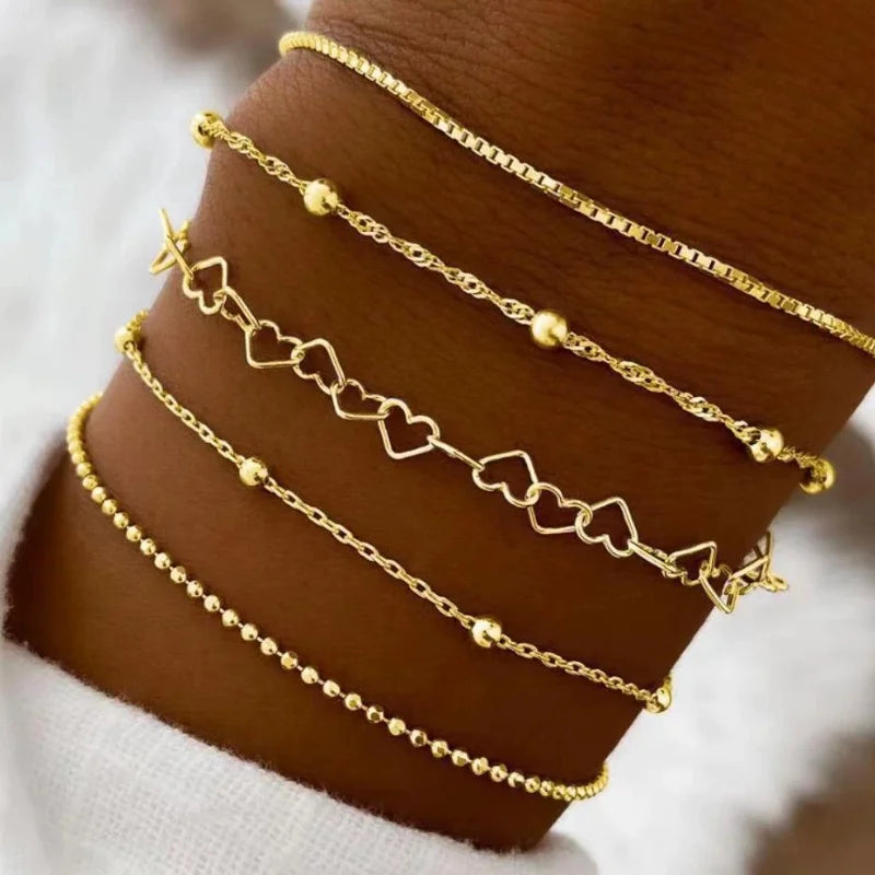 Minimalist 5-Piece Hollow Bead Bracelet With Fine Chain Set Women's Layered Necklace Combination Fashionable Daily Accessories