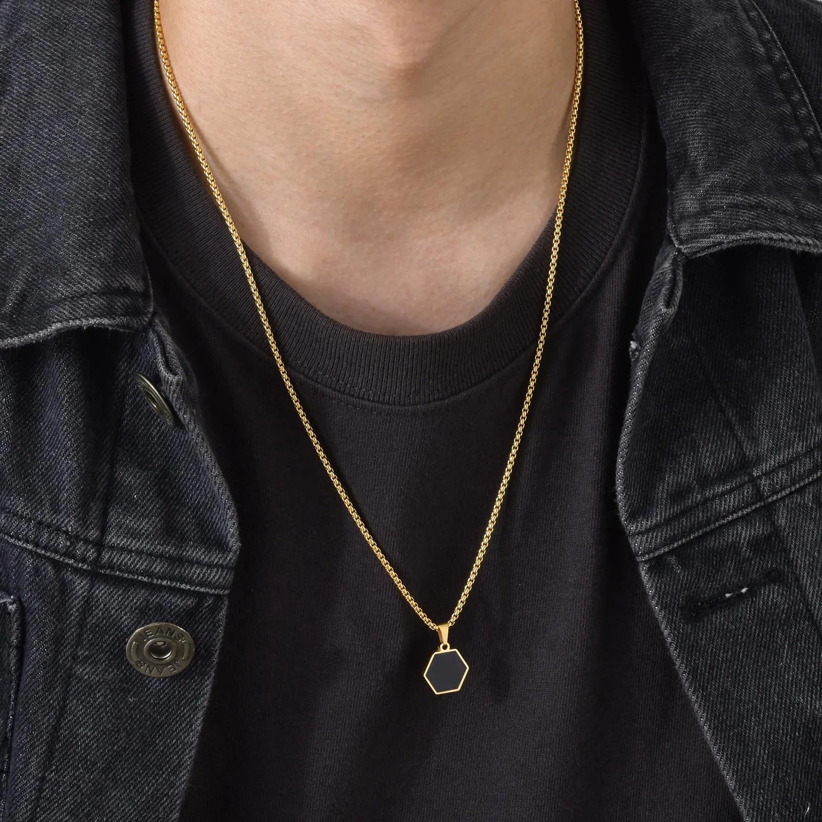 Simple Hexagon Necklaces for Men Boys,Waterproof Stainless Steel Geometric Pendant Collar, Black collar de hombres Jewelry