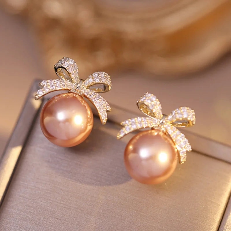 1par Micro Set Zircon Bow Pearl Pendant Earrings 2025 New Design Jewelry For Womens and Girls Fashion Ear Accessories