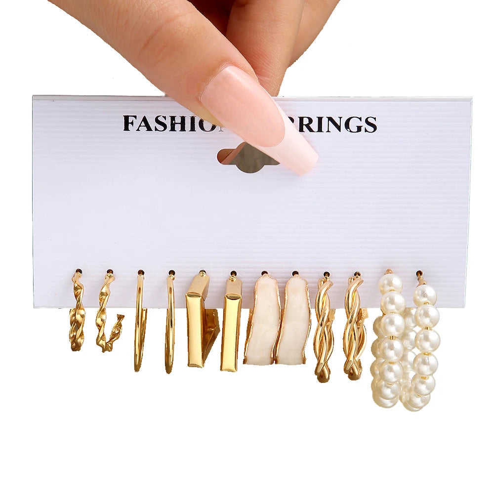 LATS Boho Big Circle Hoop Earring Set for Women Gold Color Bohemia Vintage Pearl Square Earring Heart Zircon Ear Studs Jewelry