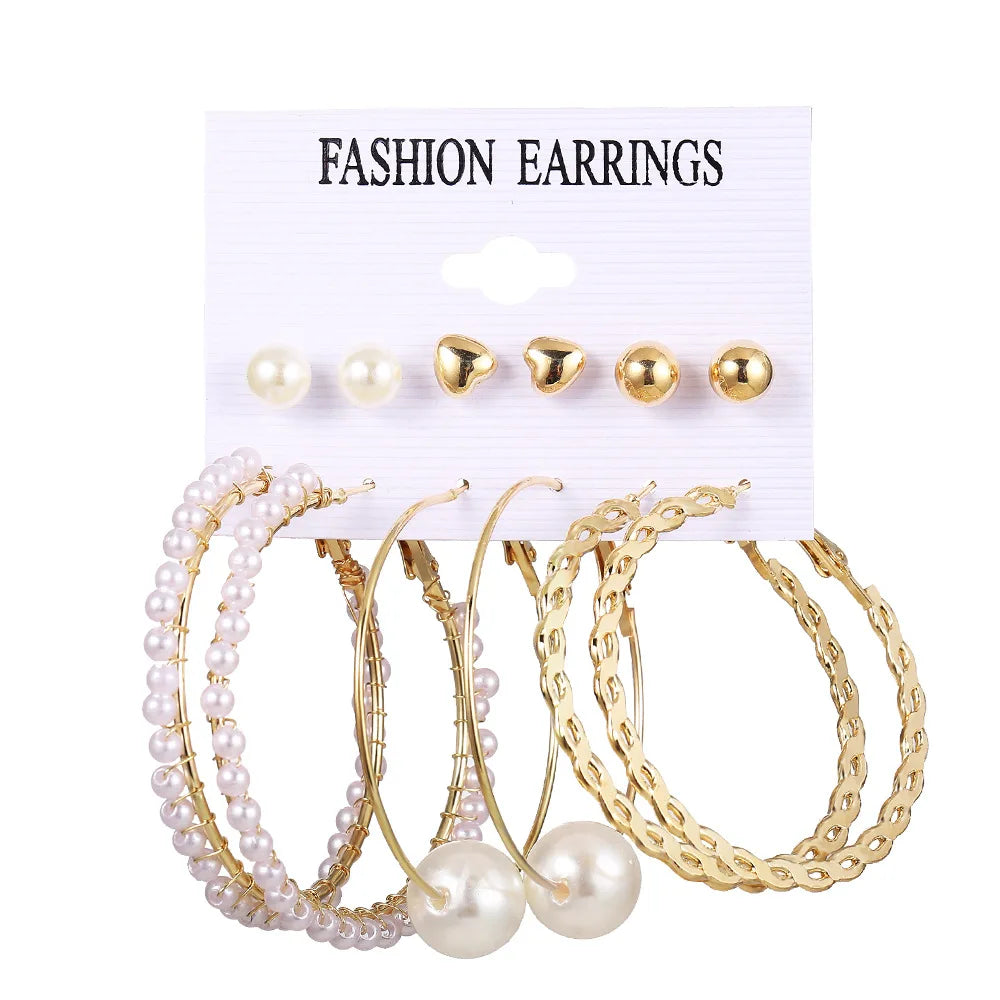 LATS Boho Big Circle Hoop Earring Set for Women Gold Color Bohemia Vintage Pearl Square Earring Heart Zircon Ear Studs Jewelry